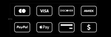 Set of payment icon outlines for Visa, Mastercard, American Express, PayPal, and Apple Pay on a black background.